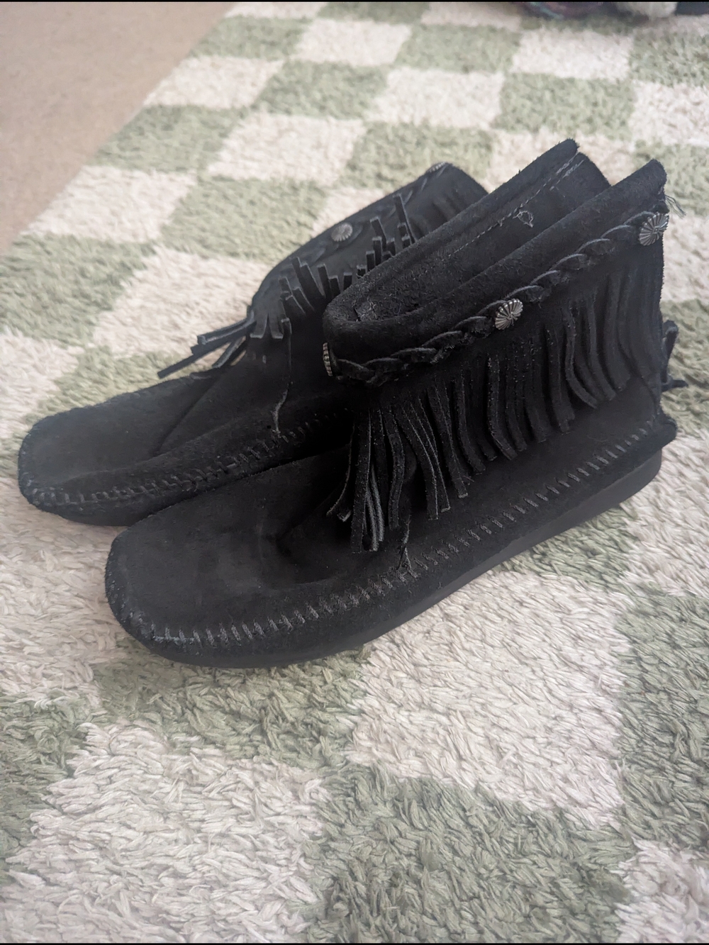 Minnetonka Black Suede Fringe Ankle Moccasin Boots